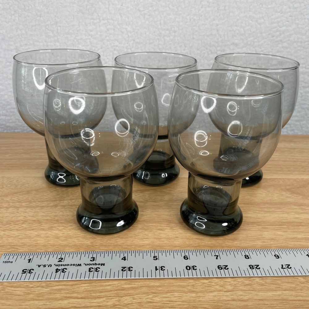 Vintage Libbey STAX Smoke Gray Glass Goblet MCM Pilsner Barware Glasses Set of 5